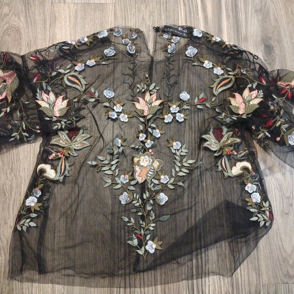 Zara Black Mesh Blouse with Multicolor Embroidery